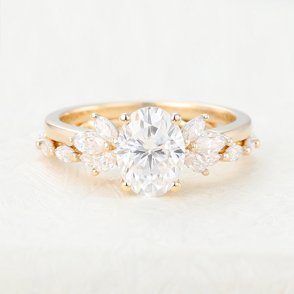 1.33 CT Oval Moissanite Cluster Bridal Ring Set - farrellouise