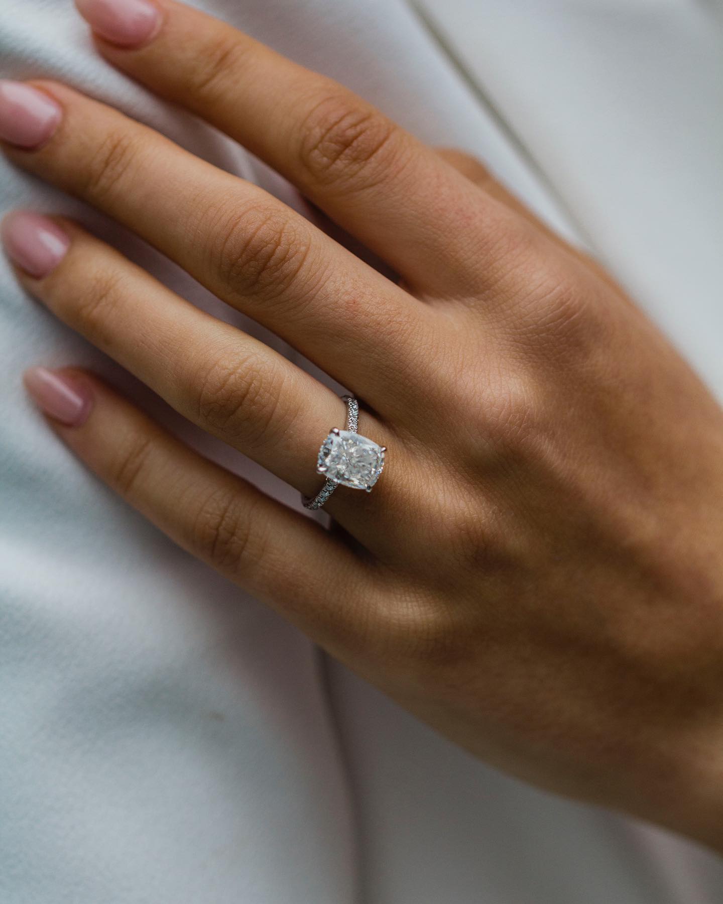 3.20 CT Cushion Solitaire Hidden Halo & Pave Moissanite Engagement Ring - farrellouise