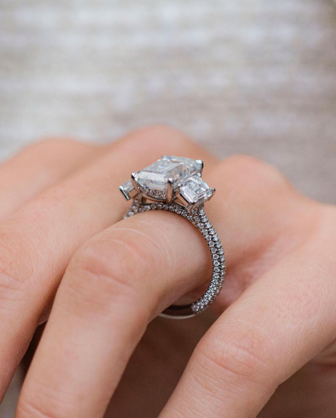 3.80 CT Emerald Three Stone Moissanite Engagement Ring - farrellouise