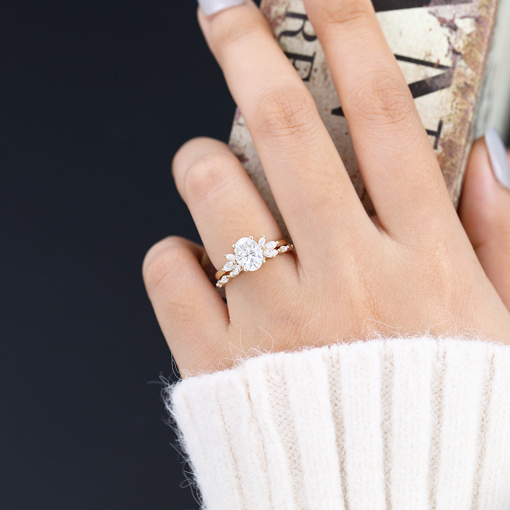 1.33 CT Oval Moissanite Cluster Bridal Ring Set - farrellouise