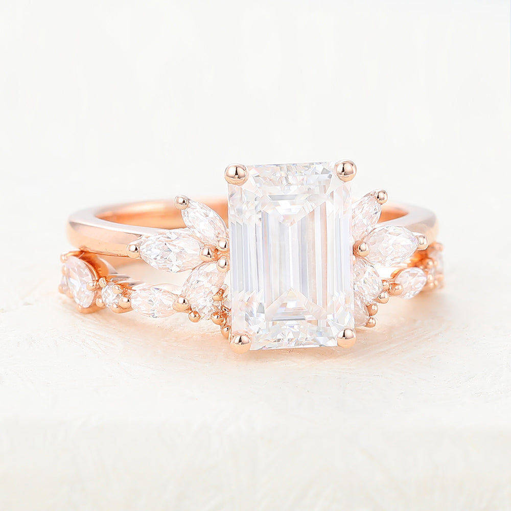 1.89 CT Emerald Moissanite Cluster Bridal Ring Set - farrellouise