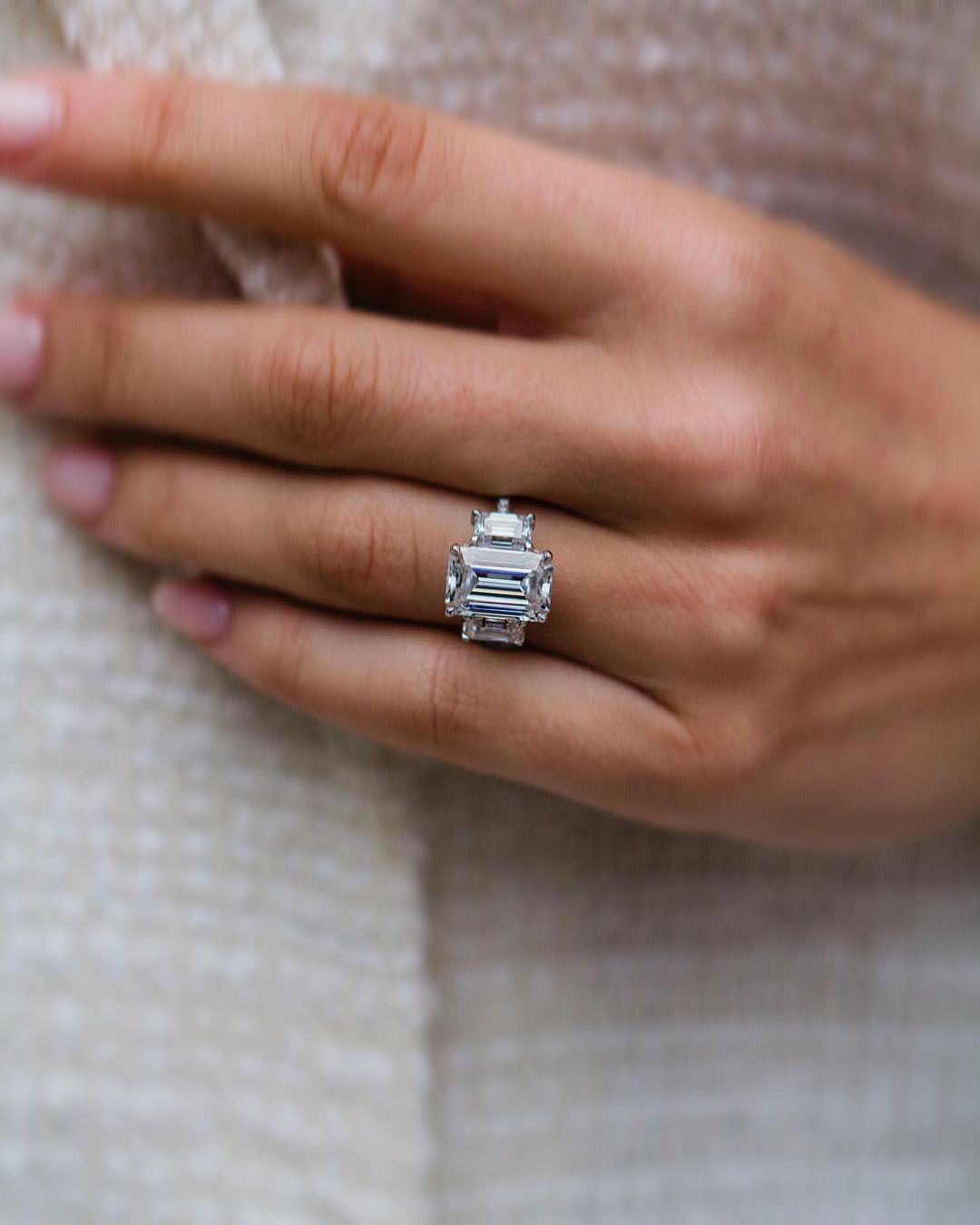 3.80 CT Emerald Three Stone Moissanite Engagement Ring - farrellouise