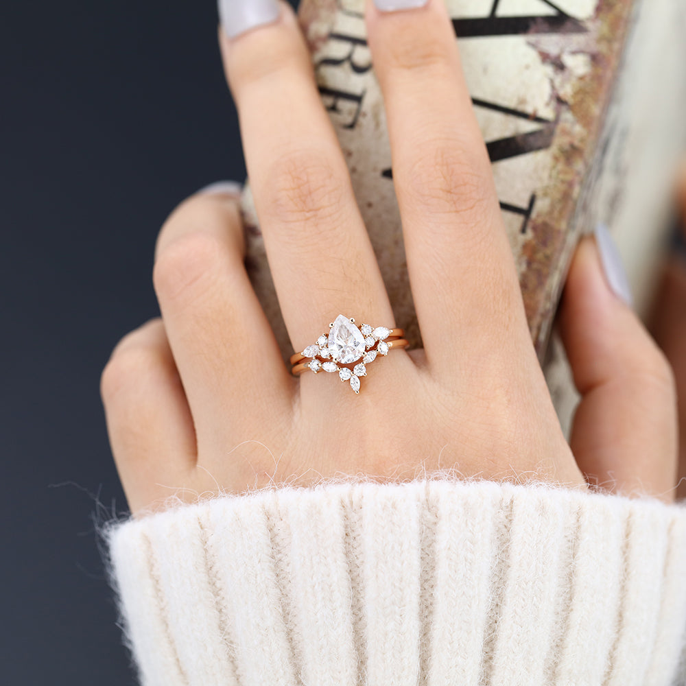 1.20 CT Pear Moissanite Cluster Bridal Ring Set - farrellouise