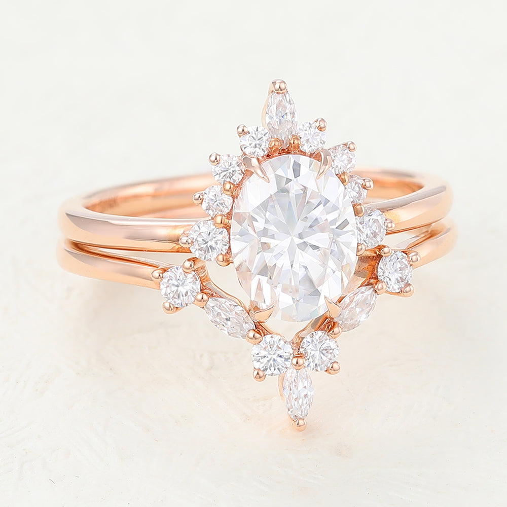 1.33 CT Oval Moissanite Cluster Bridal Ring Set - farrellouise