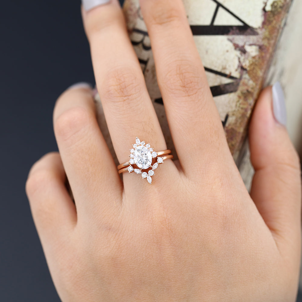 1.33 CT Oval Moissanite Cluster Bridal Ring Set - farrellouise