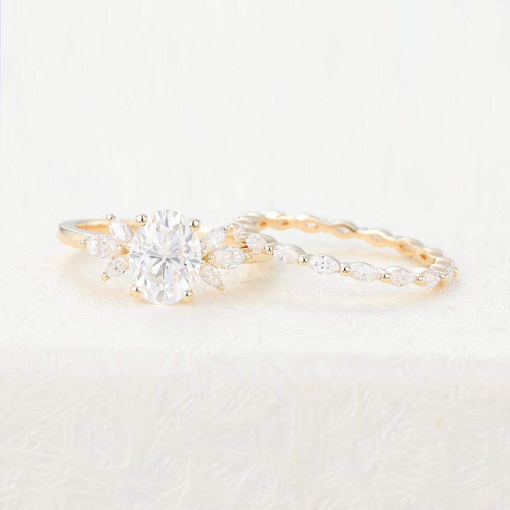 1.33 CT Oval Moissanite Cluster Bridal Ring Set - farrellouise