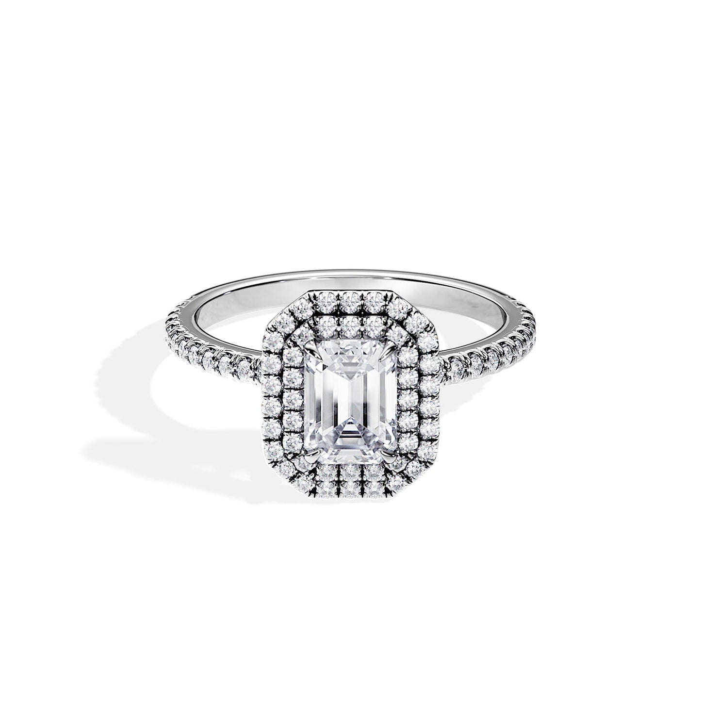 1.0 CT Emerald Cut Moissanite Pave & Double Halo Engagement Ring