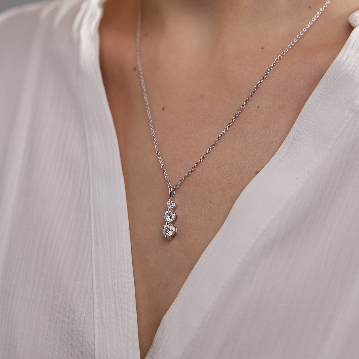 1.50 TCW Round Moissanite Diamond Three-Stone Drop Pendant Necklace - farrellouise