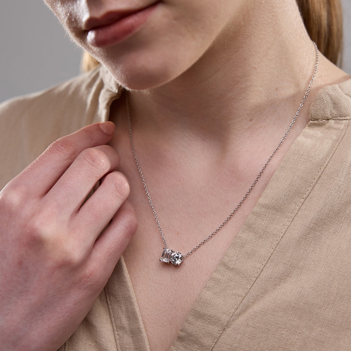 2.75 TCW Emerald & Round Moissanite Diamond Two Stone Necklace - farrellouise