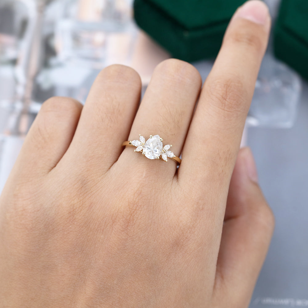 1.0 CT Pear Shaped Moissanite Cluster Engagement Ring - farrellouise