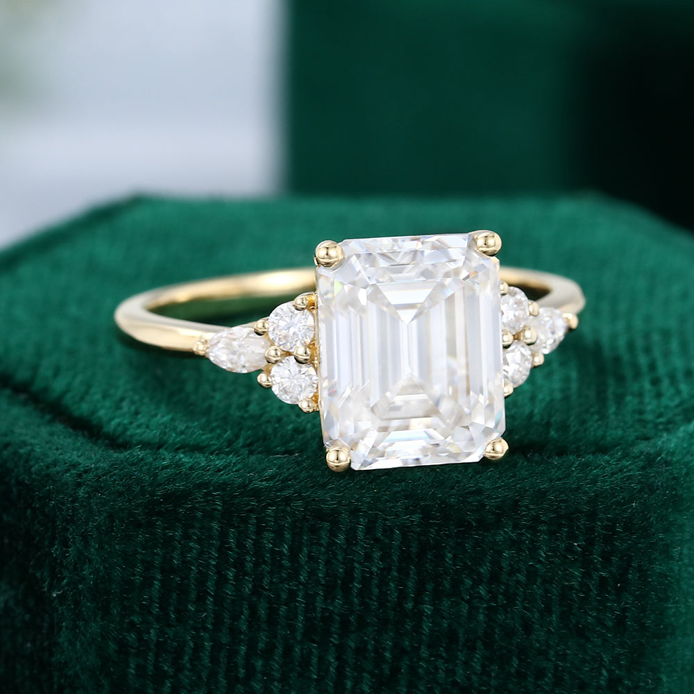 3.50 CT Emerald Shaped Moissanite Cluster Engagement Ring - farrellouise