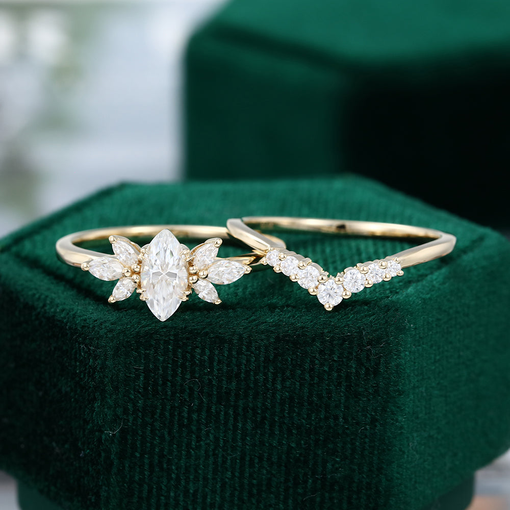 0.47 CT Marquise Moissanite Cluster Bridal Ring Set - farrellouise