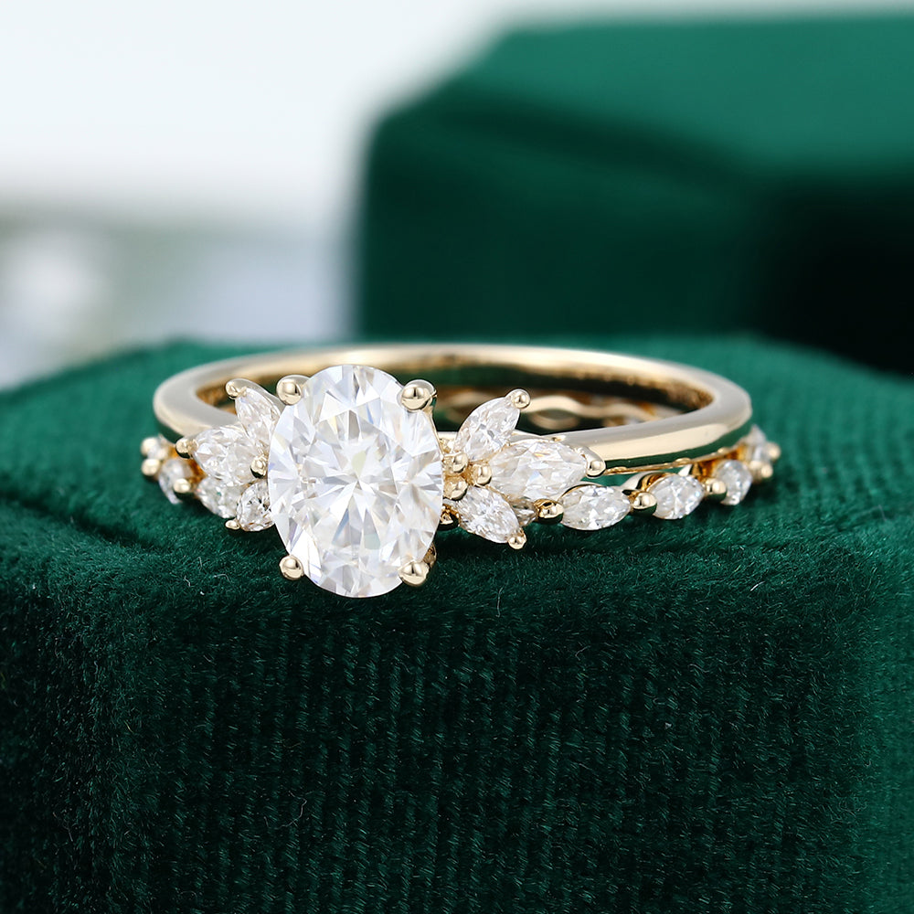 1.33 CT Oval Moissanite Cluster Bridal Ring Set - farrellouise