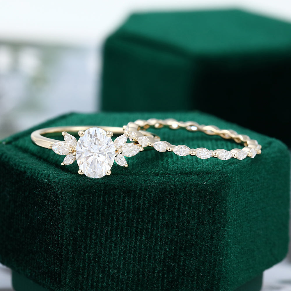 1.33 CT Oval Moissanite Cluster Bridal Ring Set - farrellouise