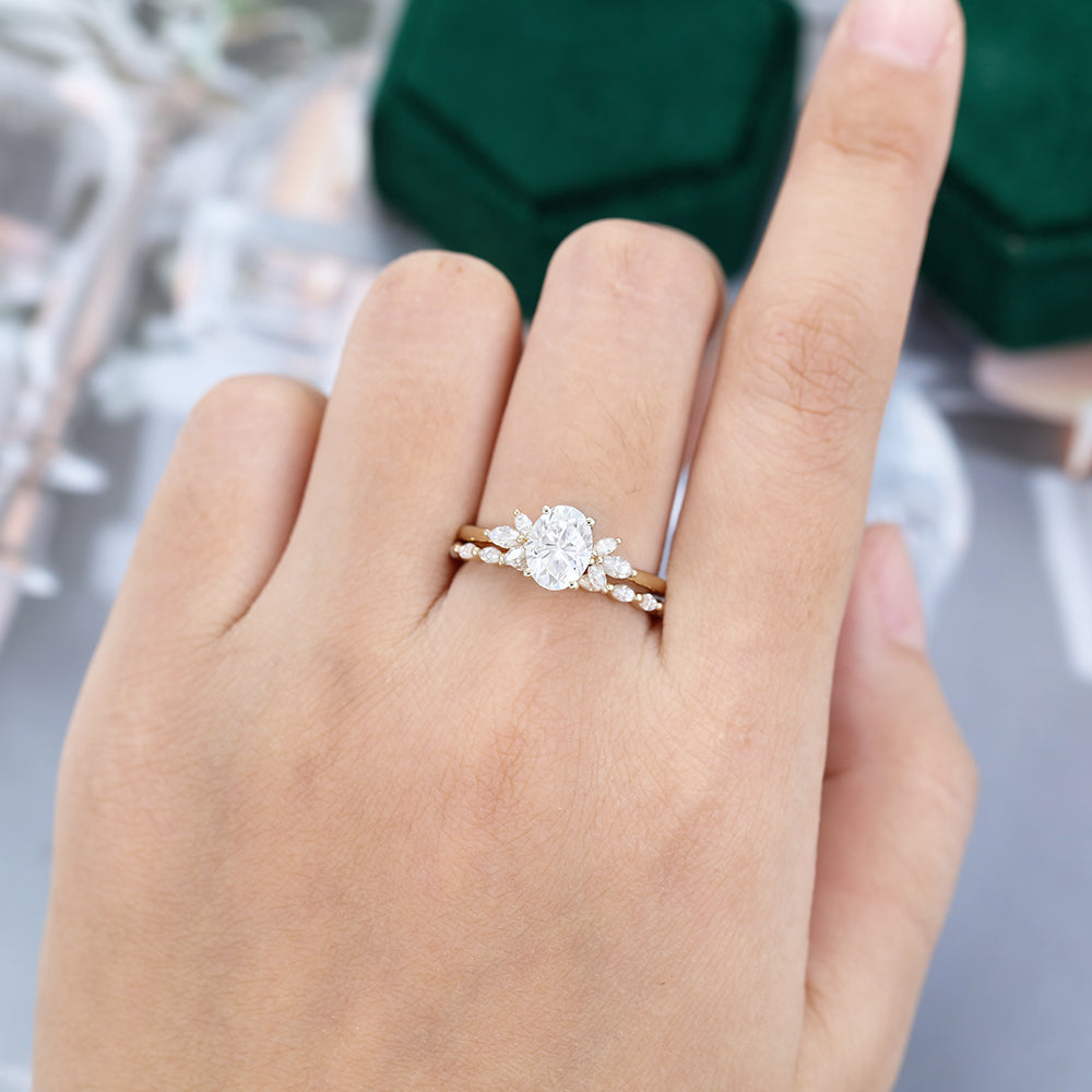 1.33 CT Oval Moissanite Cluster Bridal Ring Set - farrellouise