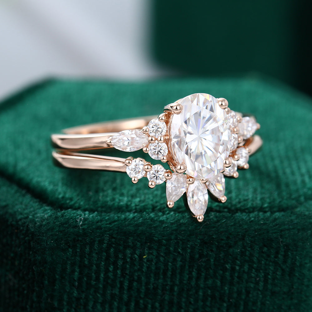 1.33 CT Oval Moissanite Cluster Bridal Ring Set - farrellouise