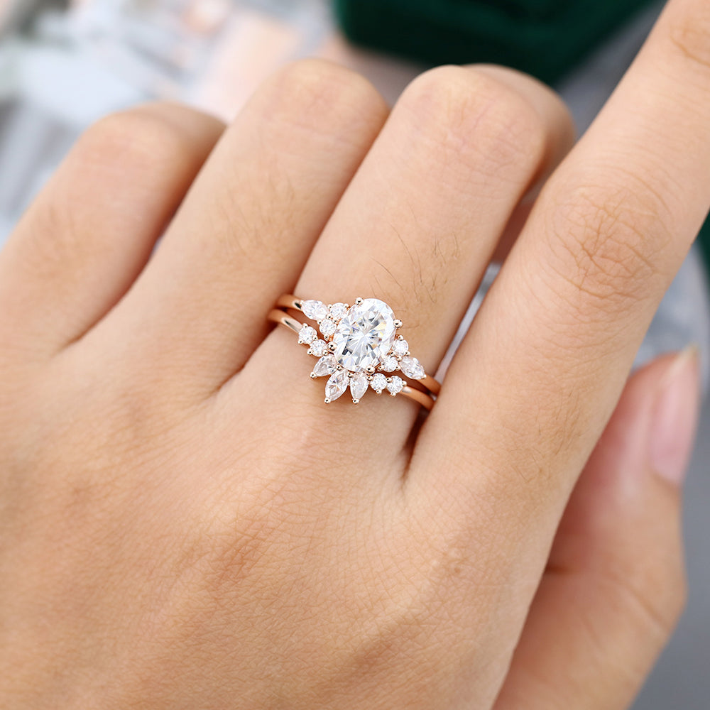 1.33 CT Oval Moissanite Cluster Bridal Ring Set - farrellouise