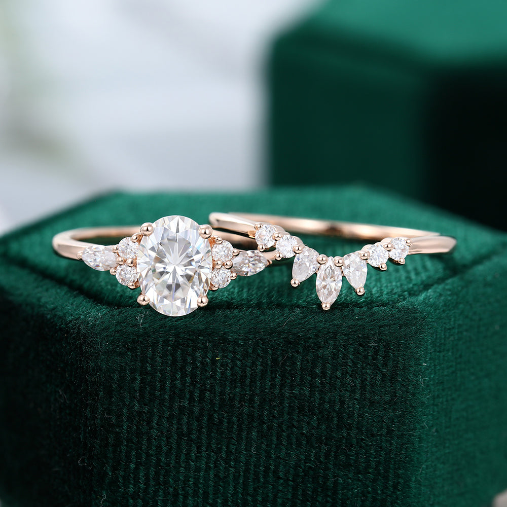 1.33 CT Oval Moissanite Cluster Bridal Ring Set - farrellouise