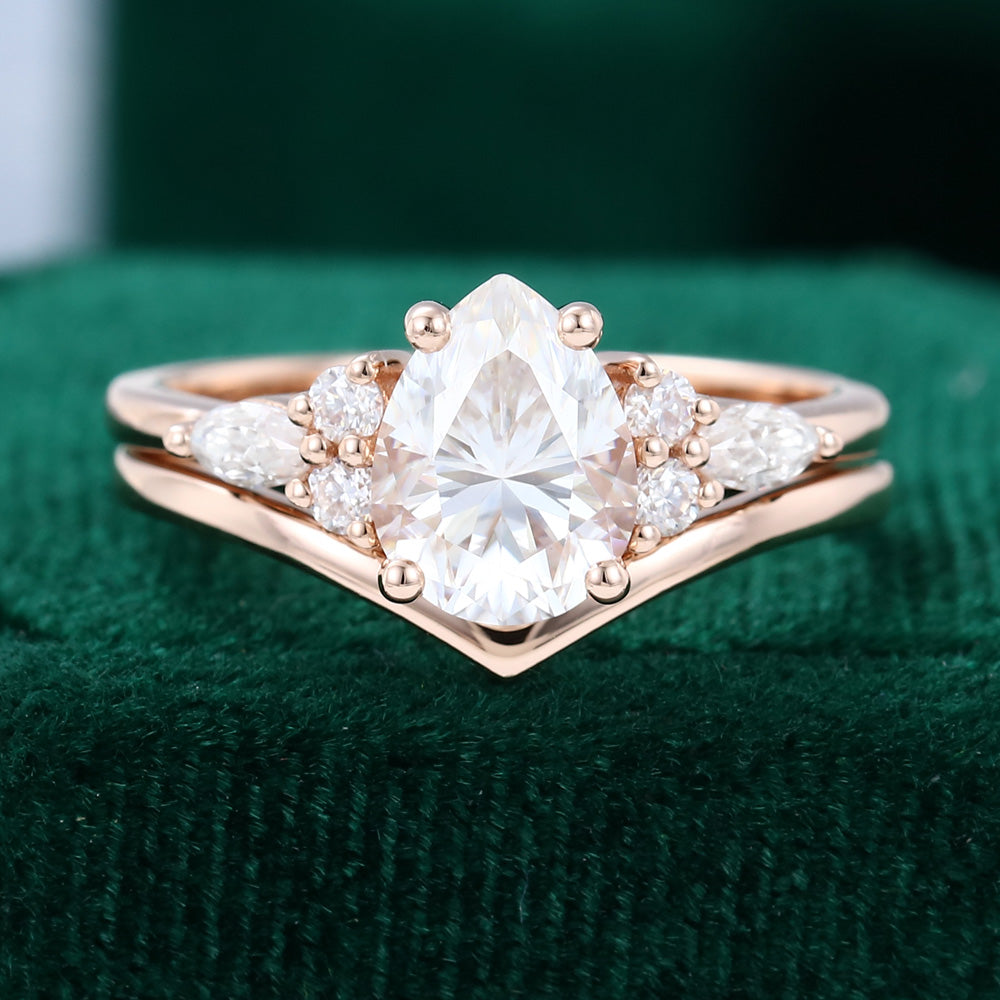 1.50 CT Pear Moissanite Cluster Bridal Ring Set - farrellouise