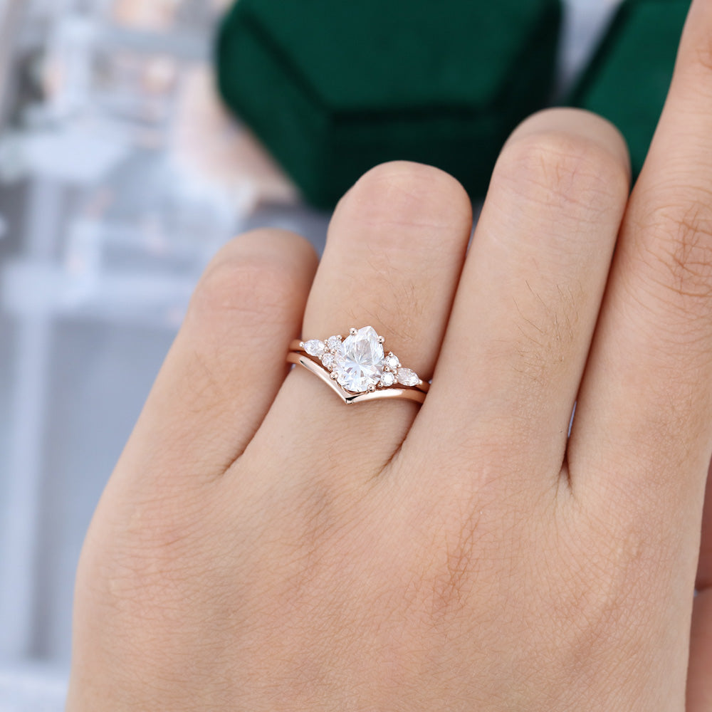 1.50 CT Pear Moissanite Cluster Bridal Ring Set - farrellouise