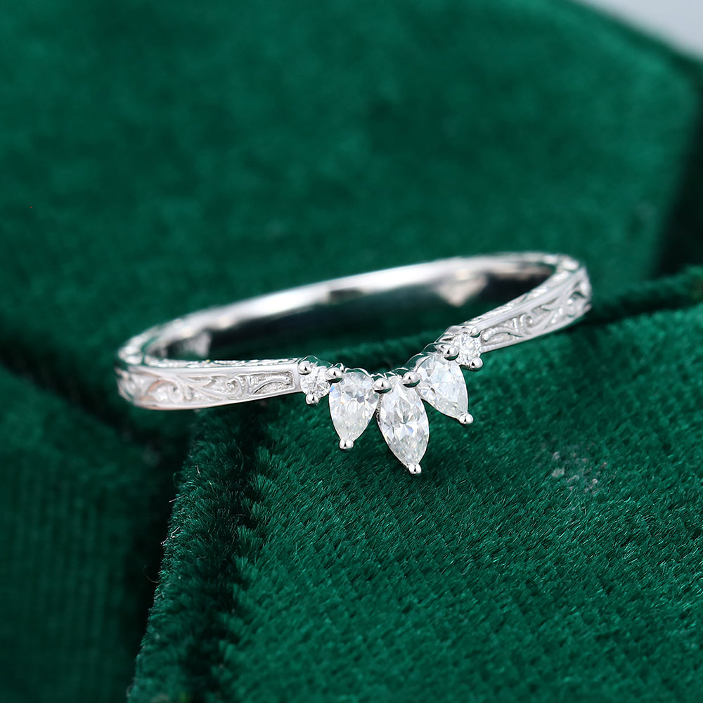 0.19 CT Round, Marquise & Pear Moissanite Curved Wedding Band - farrellouise