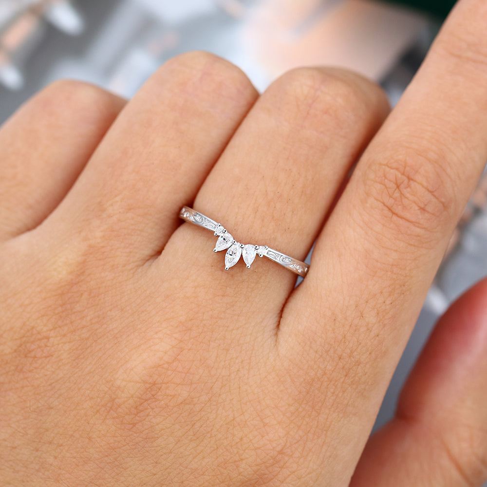 0.19 CT Round, Marquise & Pear Moissanite Curved Wedding Band - farrellouise