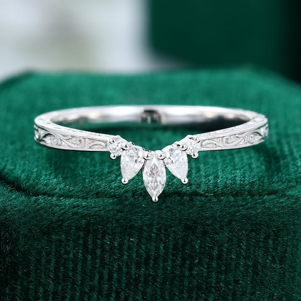 0.19 CT Round, Marquise & Pear Moissanite Curved Wedding Band - farrellouise
