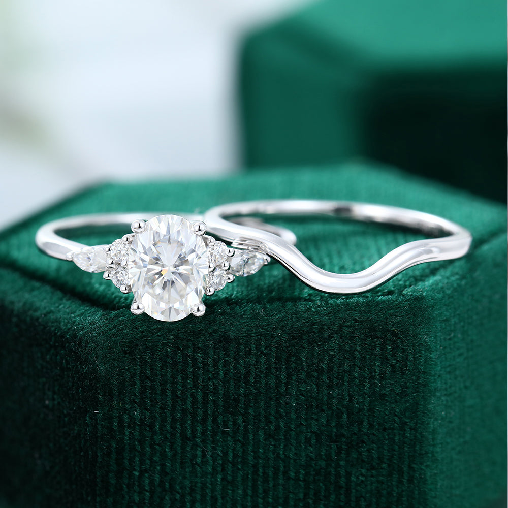 1.33 CT Oval Moissanite Cluster Bridal Ring Set - farrellouise