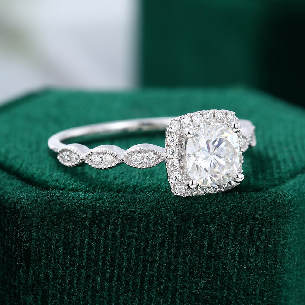 0.96 CT Cushion Shaped Moissanite Halo Engagement Ring - farrellouise