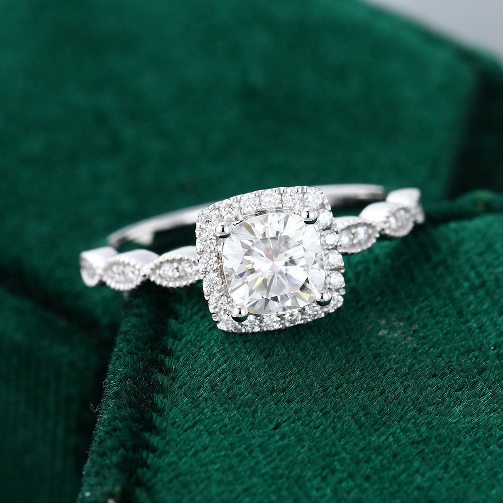 0.96 CT Cushion Shaped Moissanite Halo Engagement Ring - farrellouise