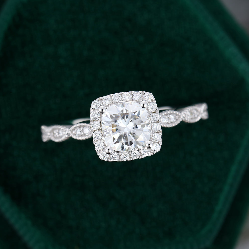 0.96 CT Cushion Shaped Moissanite Halo Engagement Ring - farrellouise
