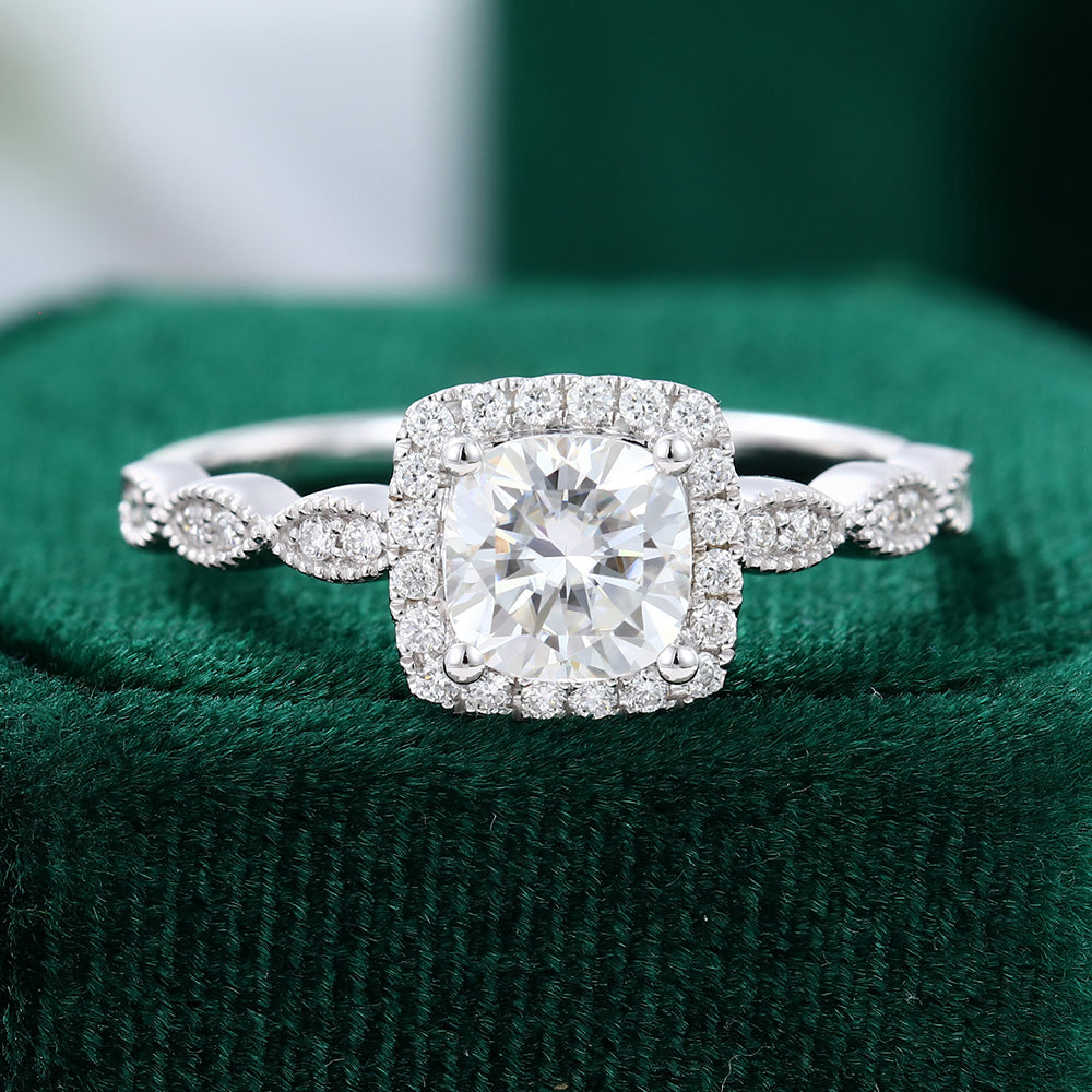 0.96 CT Cushion Shaped Moissanite Halo Engagement Ring - farrellouise