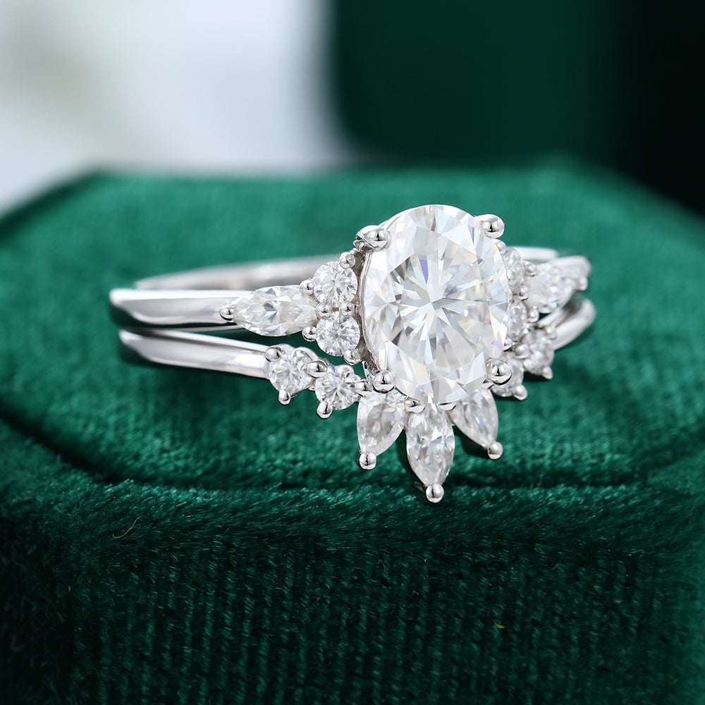 1.33 CT Oval Moissanite Cluster Bridal Ring Set - farrellouise