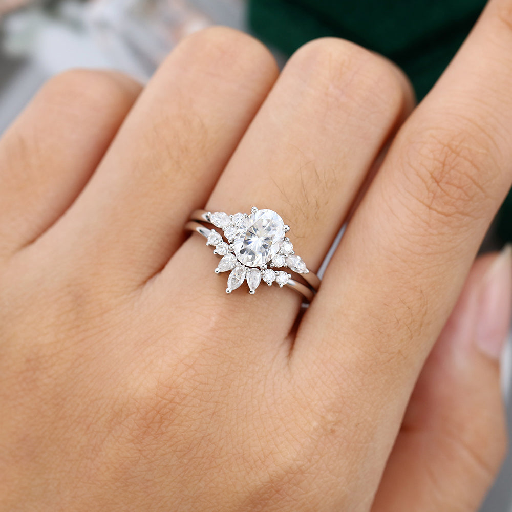 1.33 CT Oval Moissanite Cluster Bridal Ring Set - farrellouise