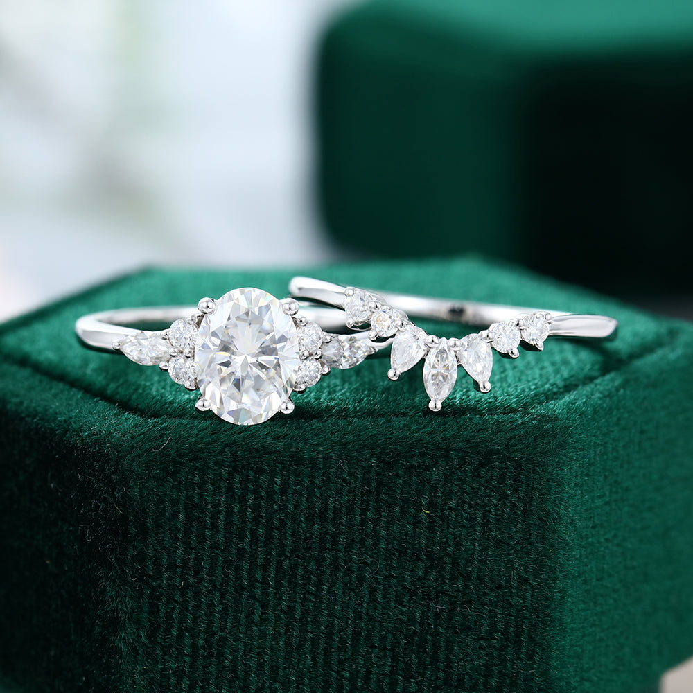 1.33 CT Oval Moissanite Cluster Bridal Ring Set - farrellouise