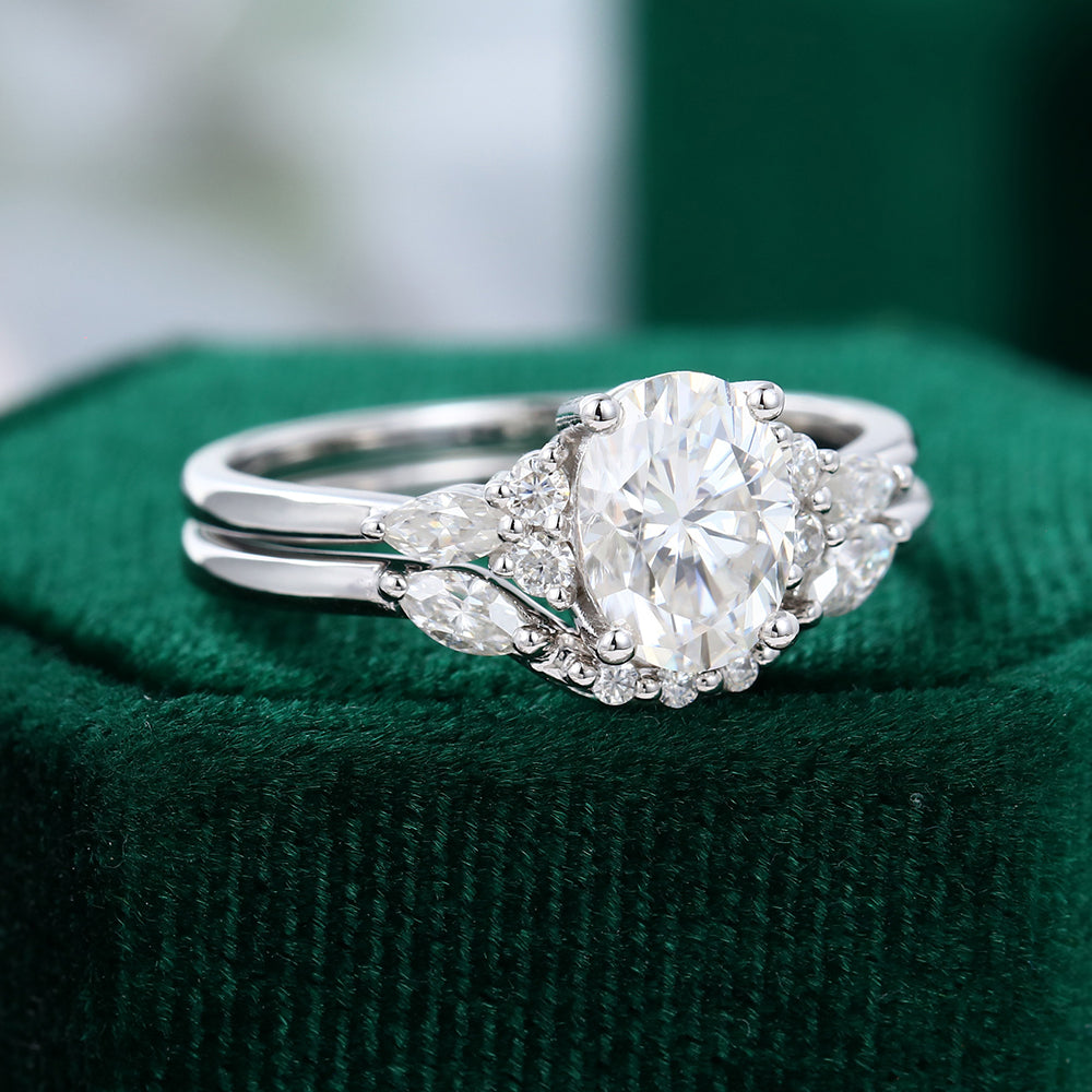 1.33 CT Oval Moissanite Cluster Bridal Ring Set - farrellouise