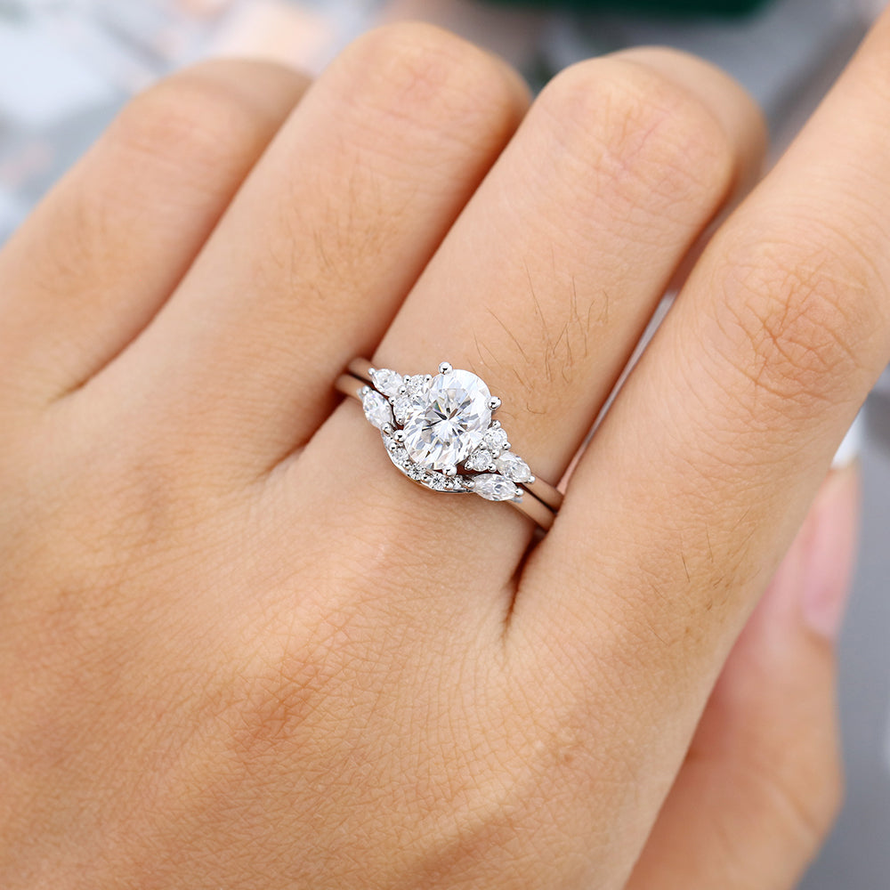 1.33 CT Oval Moissanite Cluster Bridal Ring Set - farrellouise