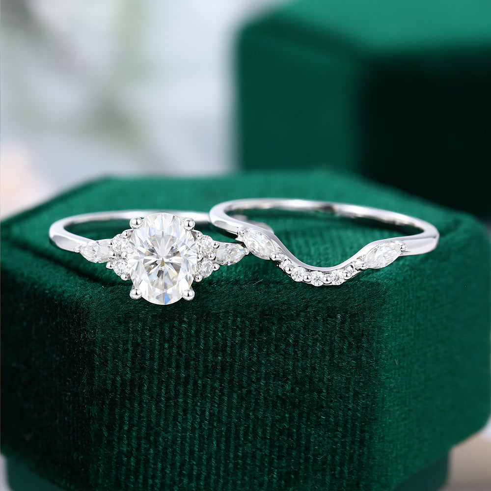 1.33 CT Oval Moissanite Cluster Bridal Ring Set - farrellouise