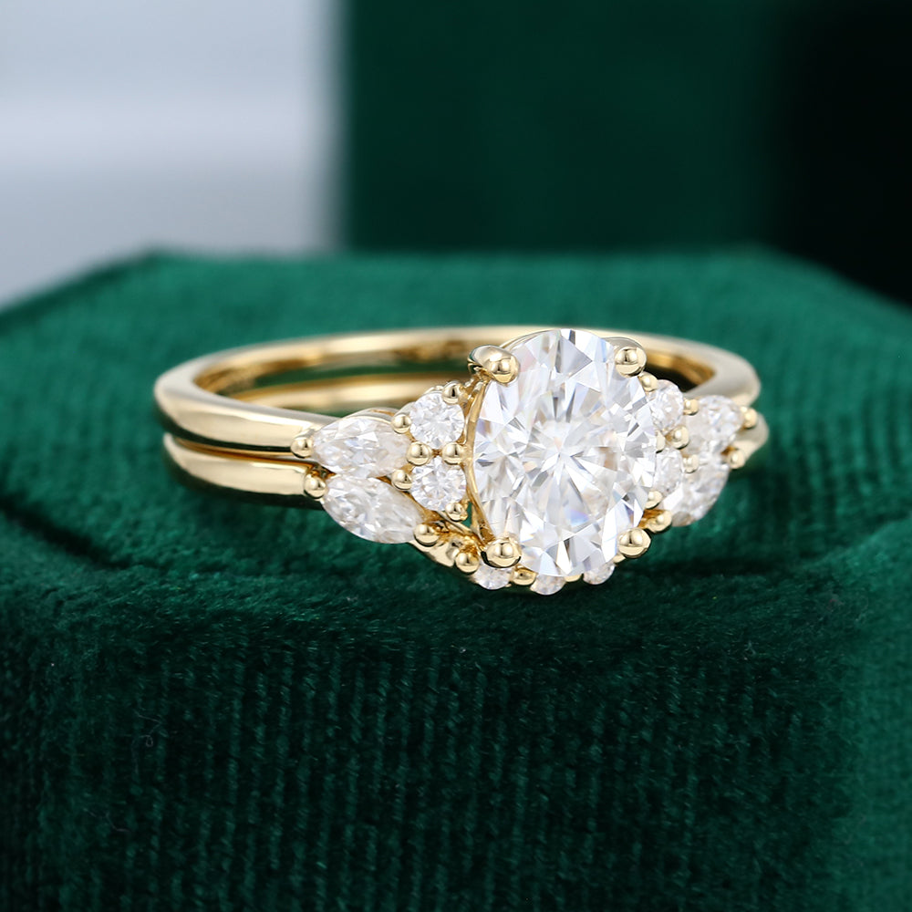 1.33 CT Oval Moissanite Cluster Bridal Ring Set - farrellouise