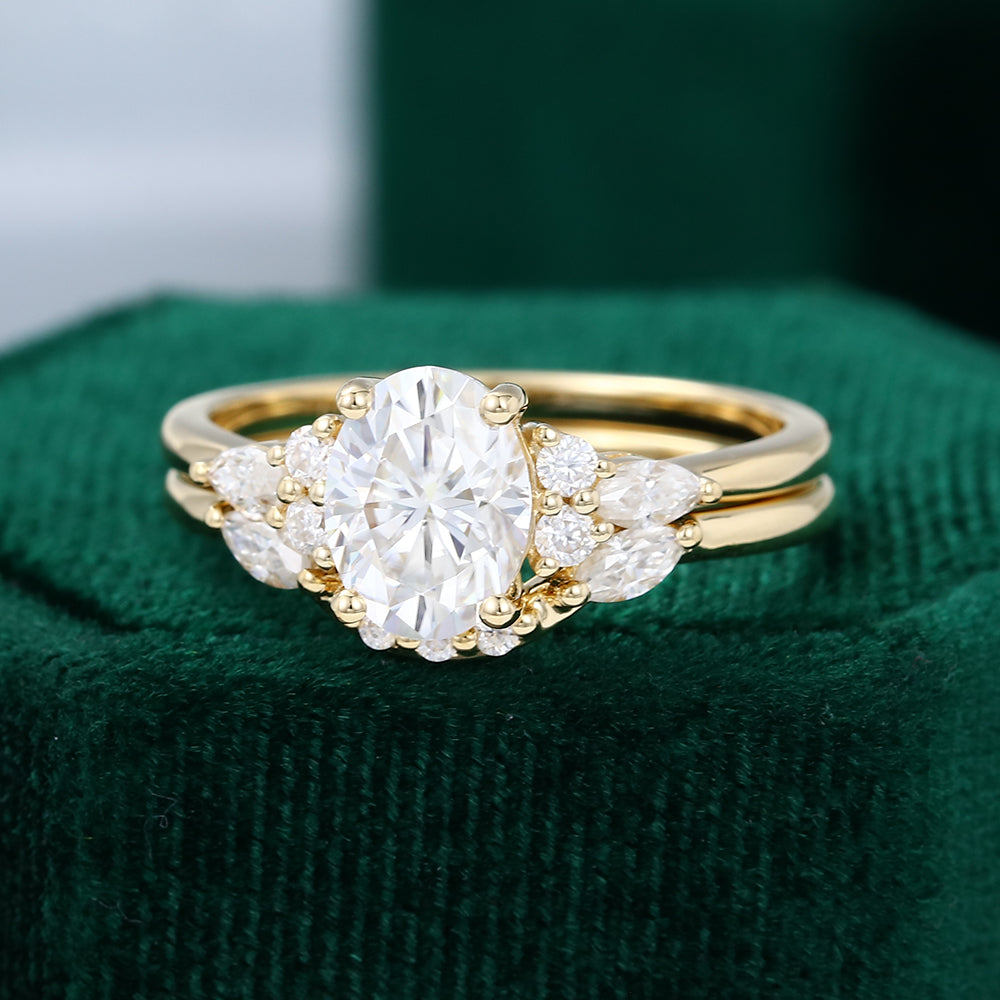 1.33 CT Oval Moissanite Cluster Bridal Ring Set - farrellouise