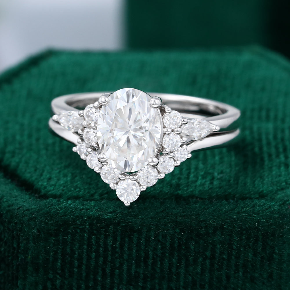 1.33 CT Oval Moissanite Cluster Bridal Ring Set - farrellouise