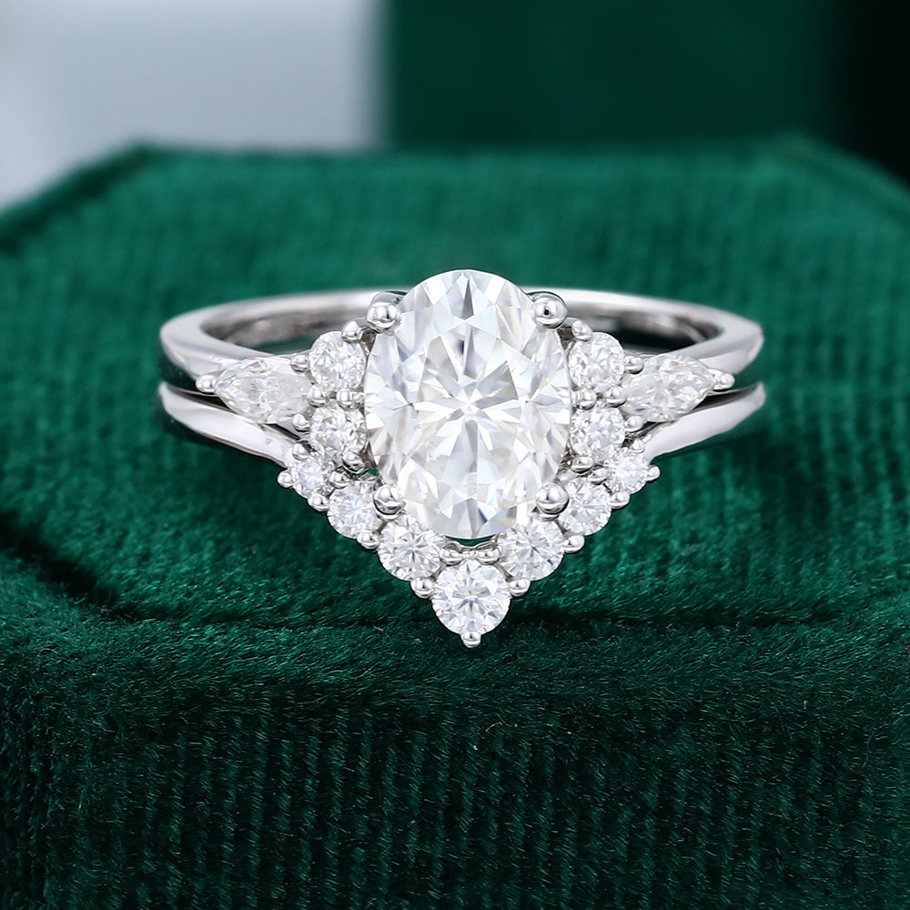 1.33 CT Oval Moissanite Cluster Bridal Ring Set - farrellouise