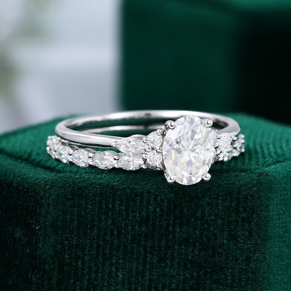 1.33 CT Oval Moissanite Cluster Bridal Ring Set - farrellouise