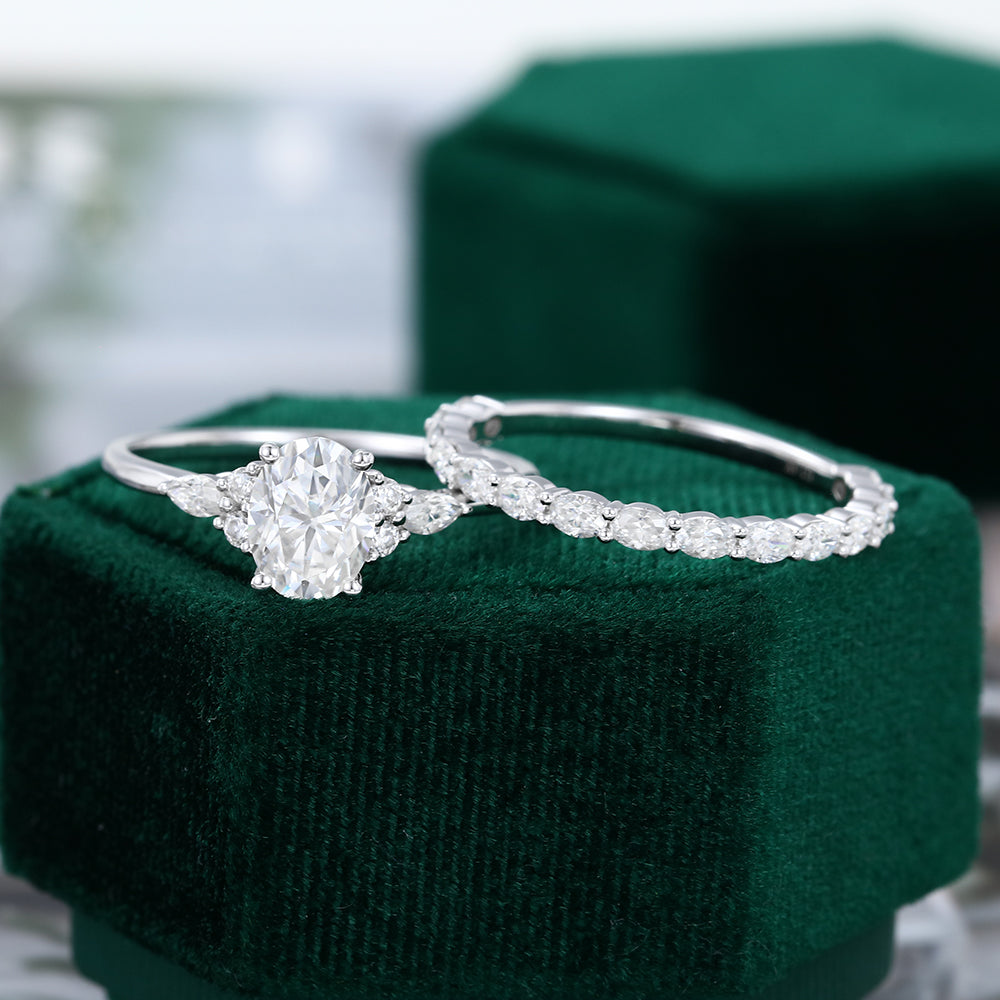 1.33 CT Oval Moissanite Cluster Bridal Ring Set - farrellouise
