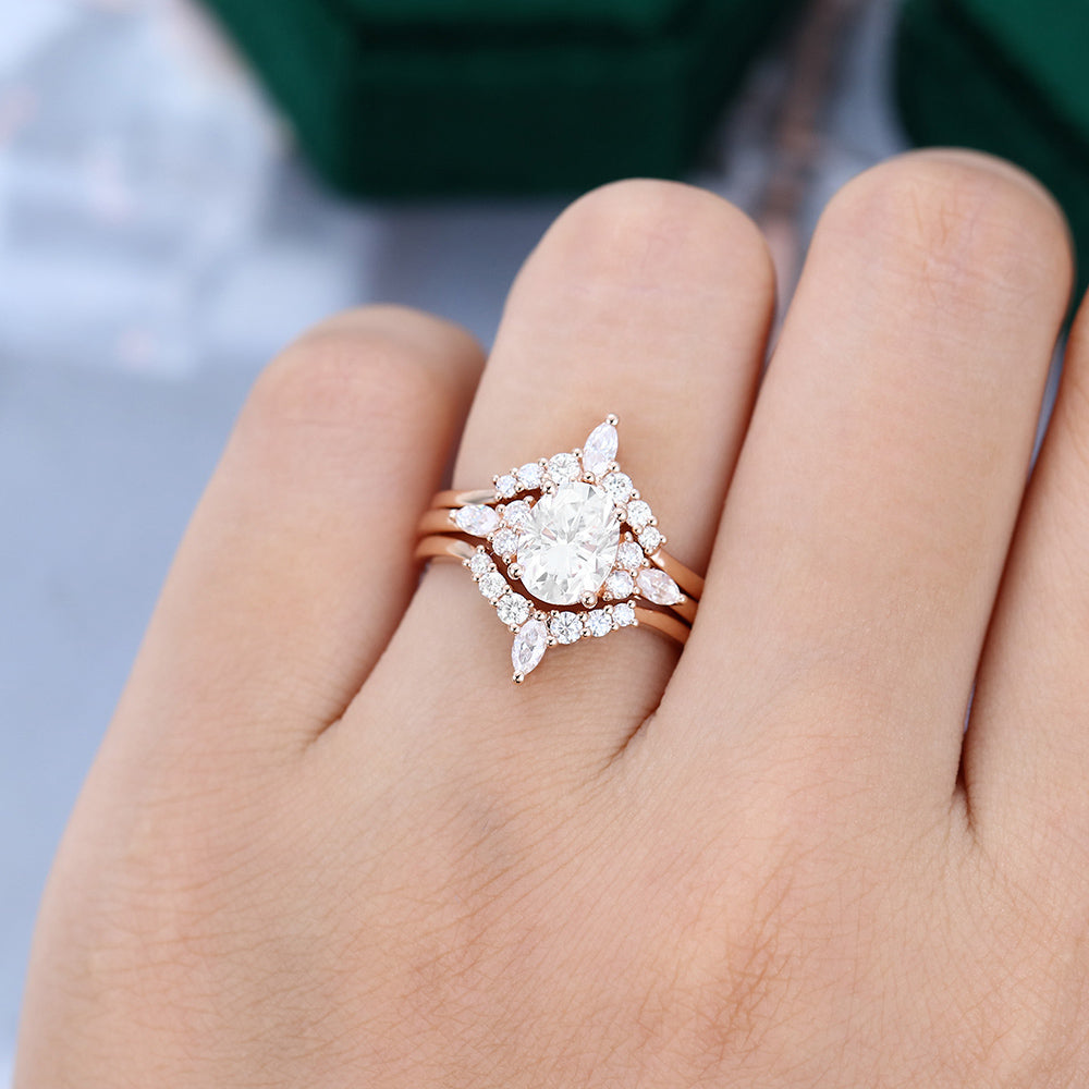 1.33 CT Oval Moissanite Cluster Bridal Ring Set - farrellouise