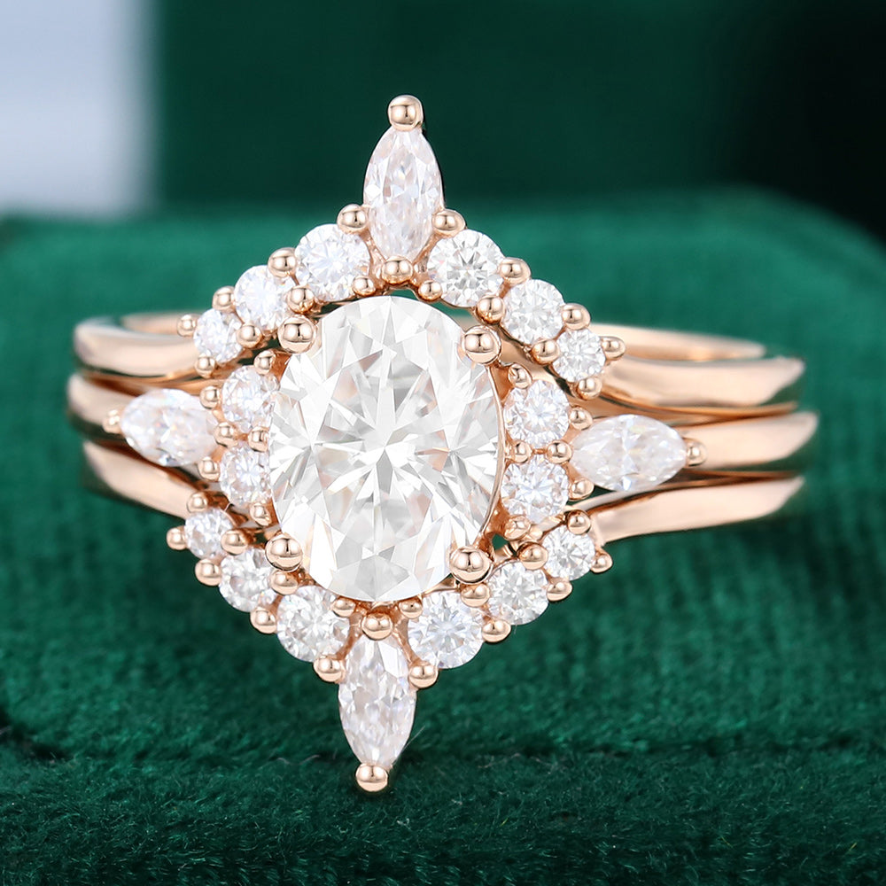 1.33 CT Oval Moissanite Cluster Bridal Ring Set - farrellouise