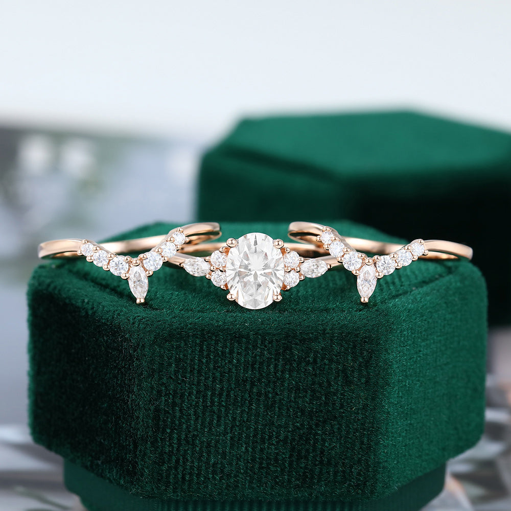 1.33 CT Oval Moissanite Cluster Bridal Ring Set - farrellouise