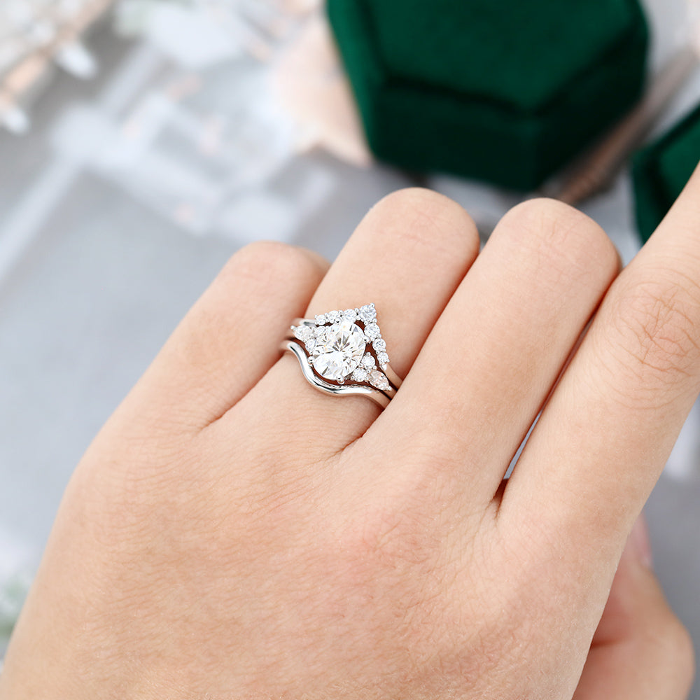 1.33 CT Oval Moissanite Cluster Bridal Ring Set - farrellouise