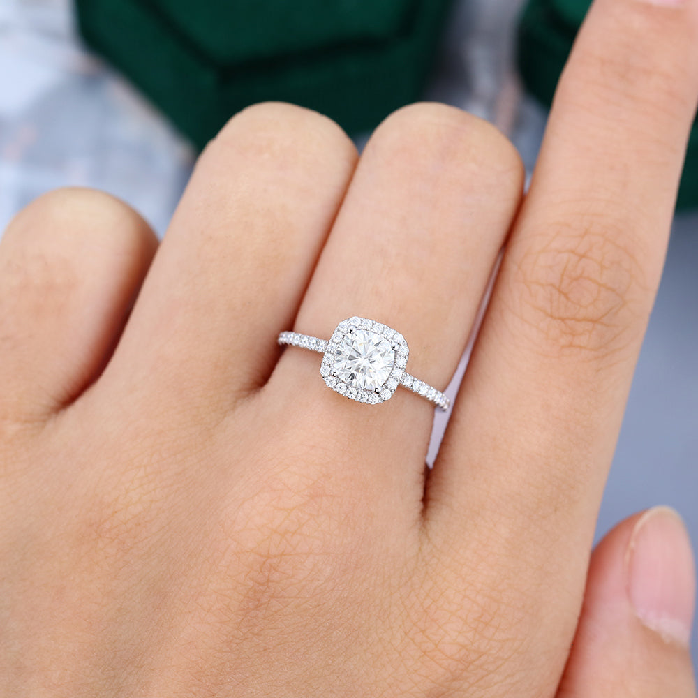 0.96 CT Cushion Shaped Moissanite Halo Engagement Ring - farrellouise