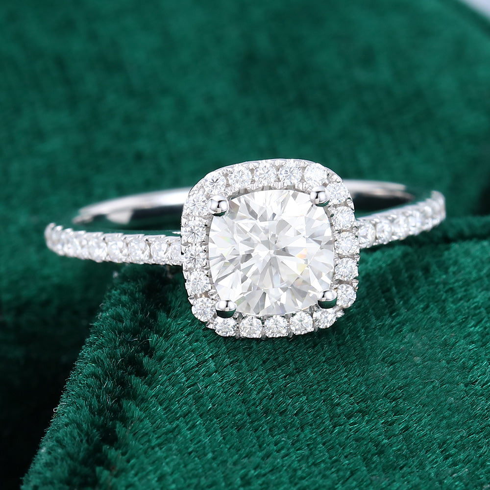 0.96 CT Cushion Shaped Moissanite Halo Engagement Ring - farrellouise